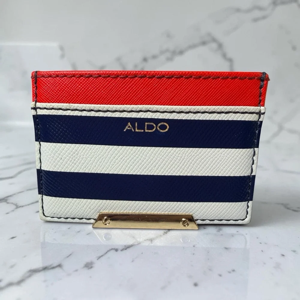 Aldo Card Holder Women OS Red Navy White Striped Nautical Gold Hardware